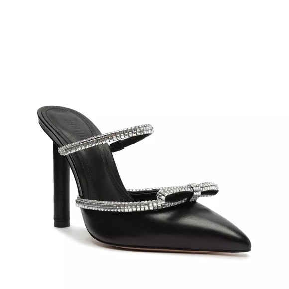 SCHUTZ Avril‎ Crystal Trim Leather Rhinestones Stilettos Heels size 7.5